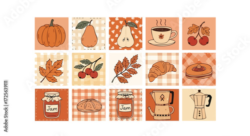 Cozy autumn harvest delights featuring pumpkins pears cherries coffee croissants jam and warm cozy beverages perfect for seasonal celebration