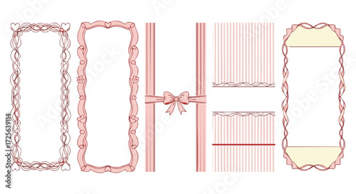 Charming ornate decorative frames and borders with delicate hearts and bows for invitations, scrapbooking, and festive designs
