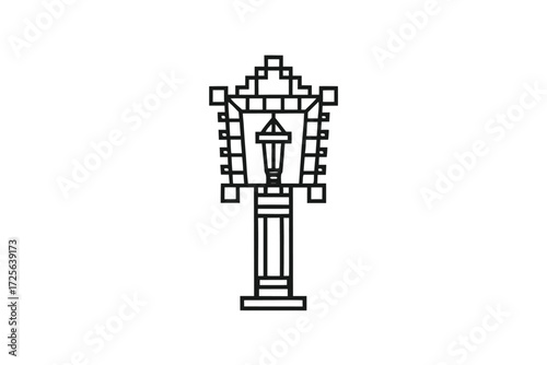 Minimalist black line drawing showing an ornate vintage street lamp against the white background