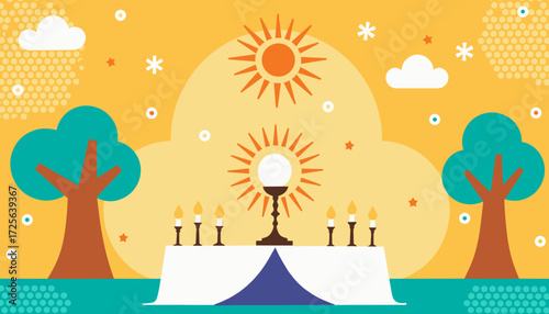 Vibrant solstice altar with candles under sunny outdoor sky, flat vector 