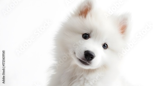 Adorable White Samoyed Puppy with Playful Expression in Studio