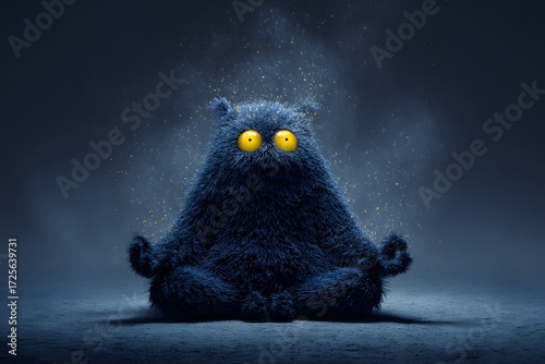Fuzzy Blue Creature Meditating in Dark Setting with Magical Energy
