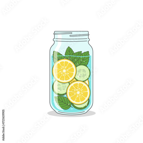 Refreshing lemonade with cucumber and mint in a glass jar  