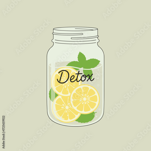 Detox jar with lemon slices and fresh mint leaves  