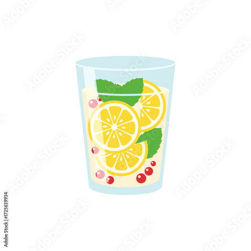 refreshing lemonade drink with lemon slices, mint leaves, and cranberries