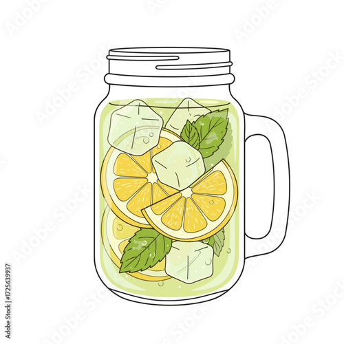 Lemonade with ice cubes and mint leaves in a glass jar  
