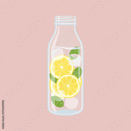 Glass bottle filled with lemonade, lemon slices, and mint leaves  