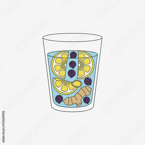 Glass of infused water with lemon, black currant, and ginger  
