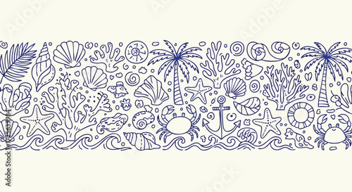Charming hand drawn blue line art depicts delightful beach vacation elements including shells palm trees crabs and ocean waves creating a whimsical seaside pattern perfect for summer designs