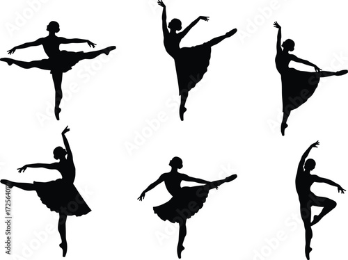 Ballet silhouette, ballerina pose, dance movement, classical posture, tutu dress, black and white, graceful elegance, performance