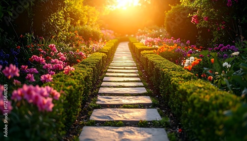Walking Path Through a Lush Flower Garden at Sunset