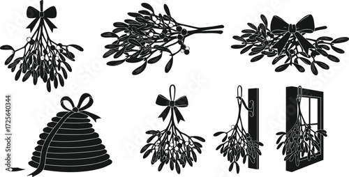 Black and white mistletoe vector illustrations with bows, ribbons, festive holiday decorations, Christmas elements, seasonal decor, traditional botanical drawings