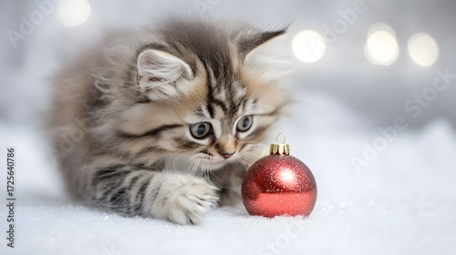 Playful Kitten Interacting with Shiny Red Christmas Ornament
