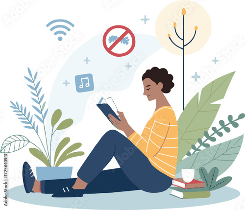 Young man working on laptop in hotel lobby vector illustration