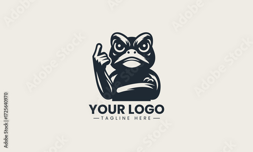 Grumpy frog character showing a middle finger in a bold black silhouette vector logo design on a clean white background, for humorous and edgy themes