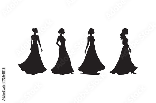 Silhouettes of women in elegant evening gowns