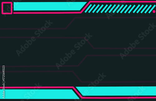 Futuristic cyberpunk style dark empty space background with neon cyan pink and blue strips on top and bottom designed as modern template for technology interface, sci fi theme