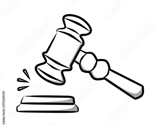 illustration of judge gavel in sketch style, symbolizing justice, law, and authority in cartoon doodle style for legal concept and graphic resource.
