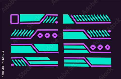 Futuristic cyberpunk panel elements in neon purple and cyan palette with geometric strip layout designed as sci fi digital interface for gaming, hud, and modern technology templates.