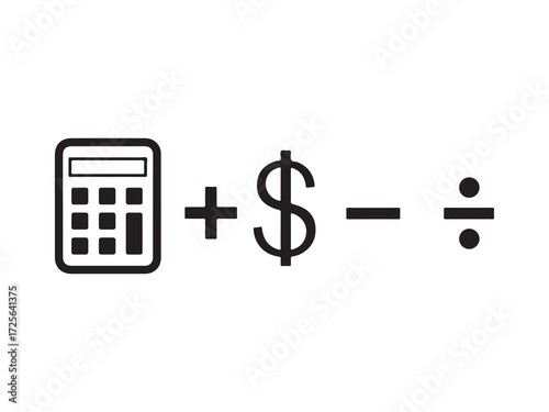 Calculator with basic mathematical symbols plus dollar sign on white background