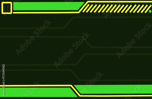 Futuristic cyberpunk style dark background with neon yellow and green, featuring glowing strips on top and bottom as modern empty space template for sci fi digital interface and technology design