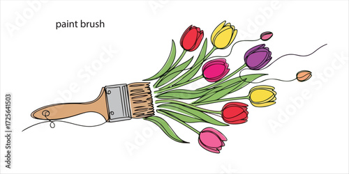 Creative spring concept made with paint brush and colorful tulip flowers continuous single line art drawing sketch on white background