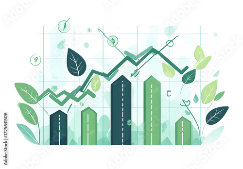 A financial chart showing upward trends, with green arrows and eco-friendly icons like leaves or solar panels, representing the growth of green investments.