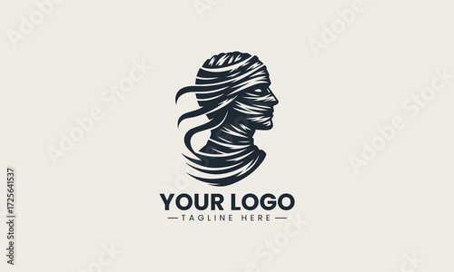Stylized mummy head illustration with bandages and red accents in a striking vector logo design for ancient Egyptian themed projects