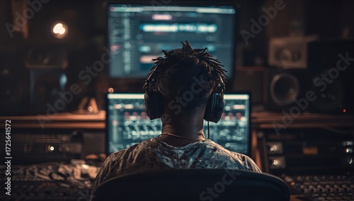 Producer meticulously mixing audio tracks with headphones on in a dimly lit professional recording studio, mastering sound for creative projects