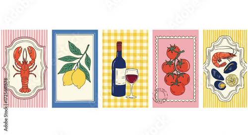 Vibrant culinary illustrations featuring fresh seafood, ripe tomatoes, zesty lemons, and a glass of wine, perfect for restaurant menus and food blogs.