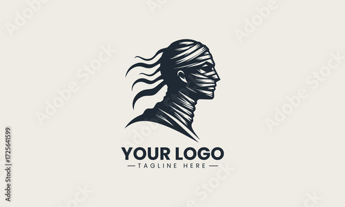 Stylized mummy head illustration with bandages and red accents in a striking vector logo design for ancient Egyptian themed projects