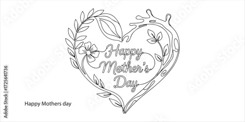 Heart of nature with happy Mothers day text continuous single line art drawing sketch on white background