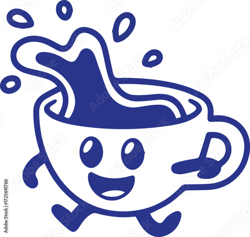 Vector art of cartoon coffee cup character running with a splash
