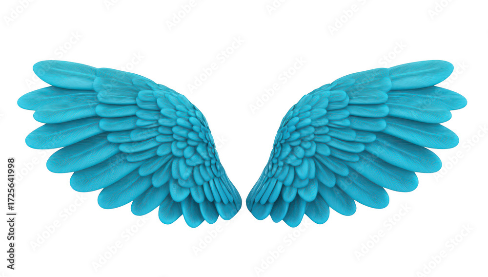 Obraz premium A pair of turquoise angel wings displayed symmetrically against a clean white background. symbolizing freedom and aspiration. ideal for creative and inspirational projects