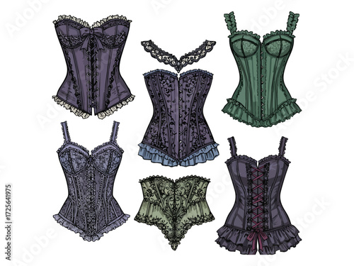 Collection of vintage and steampunk corsets vector illustration on white backdrop