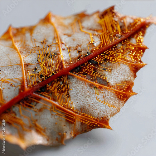 Abstract fusion of nature and technology, leaf with glowing circuit board veins