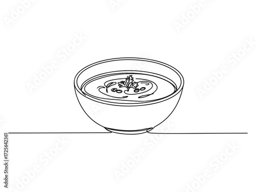 Continuous line drawing of soup bowl with herbs and seasoning vector