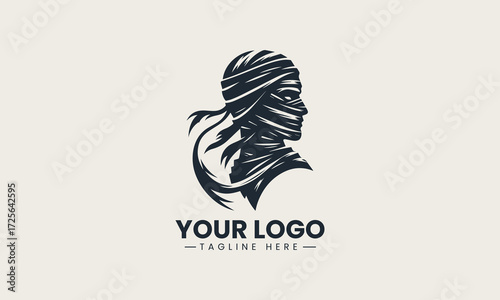 Stylized mummy head illustration with bandages and red accents in a striking vector logo design for ancient Egyptian themed projects