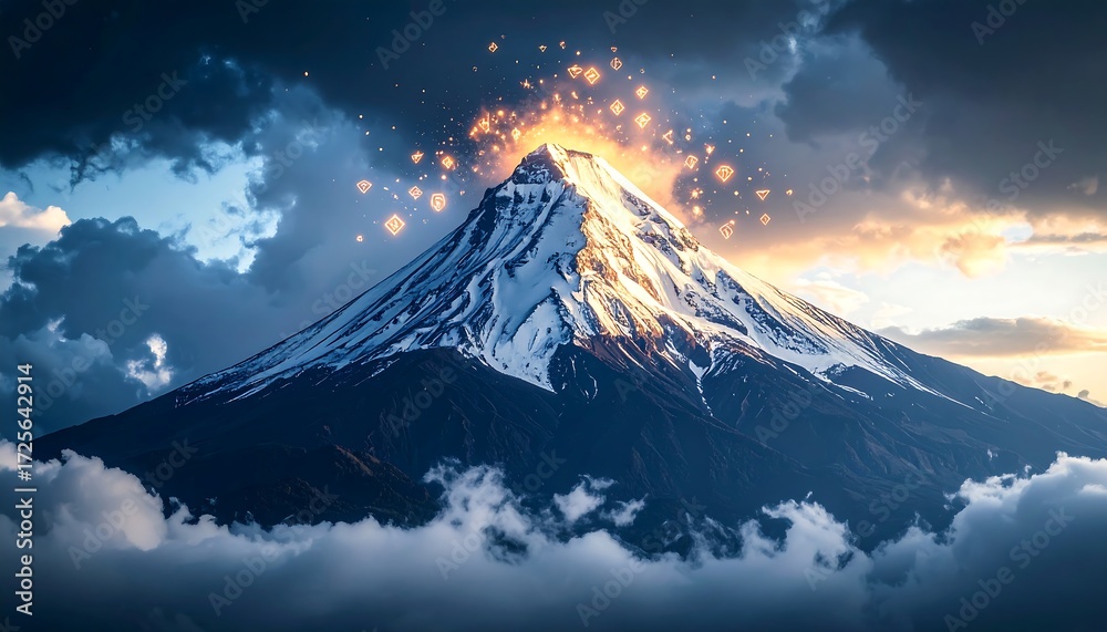 Fototapeta premium Majestic Snow Mountain Peak with Dramatic Clouds and Glowing Light