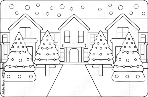 A charming winter depicts three houses and decorated Christmas trees on a snowy street