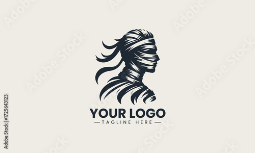 Stylized mummy head illustration with bandages and red accents in a striking vector logo design for ancient Egyptian themed projects