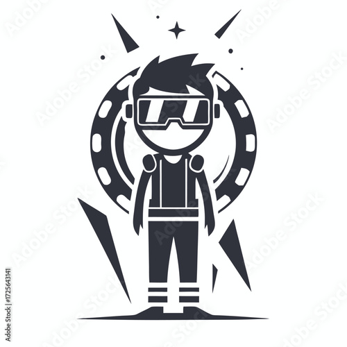 Monochrome character wears virtual reality headset standing before geometric shapes and star
