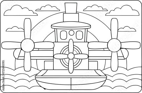 A charming seaplane floats on calm water under a sunny sky, illustrated in a simple line art style