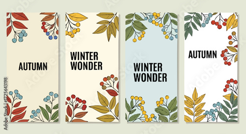 Vibrant seasonal banners showcase autumn leaves and winter berries perfect for holiday greetings and seasonal promotions