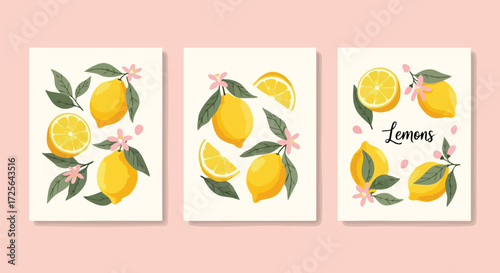 Vibrant lemons with delicate pink blossoms and lush green leaves create a fresh, modern botanical triptych artwork perfect for kitchen decor.