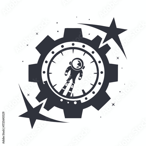 Monochrome drawing of an astronaut floating inside cogwheel amid stars and comets in vector