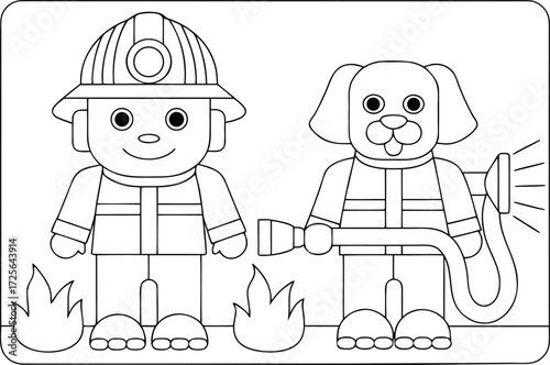 A firefighter and dog bravely battling a fire, a simple line drawing illustration for kids