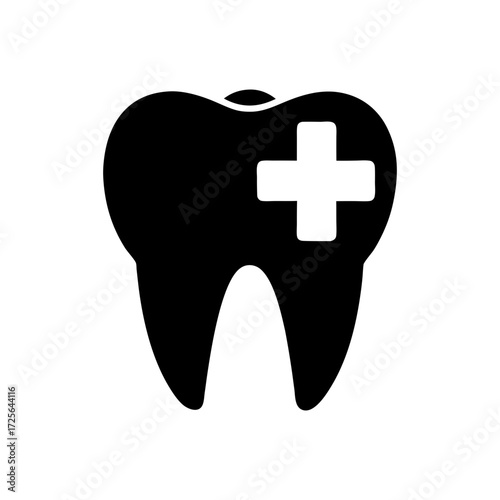 Silhouette tooth with medical cross symbol dental health care vector design with white background