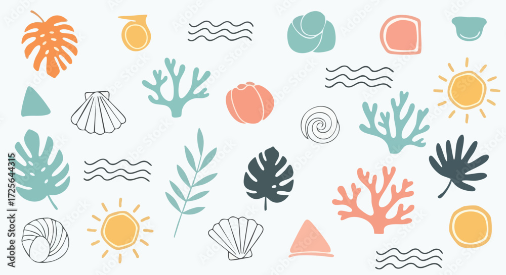 Fototapeta premium Vibrant tropical beach motifs with playful shells, sun, and foliage create a joyful summer vibe perfect for coastal decor and vibrant designs.