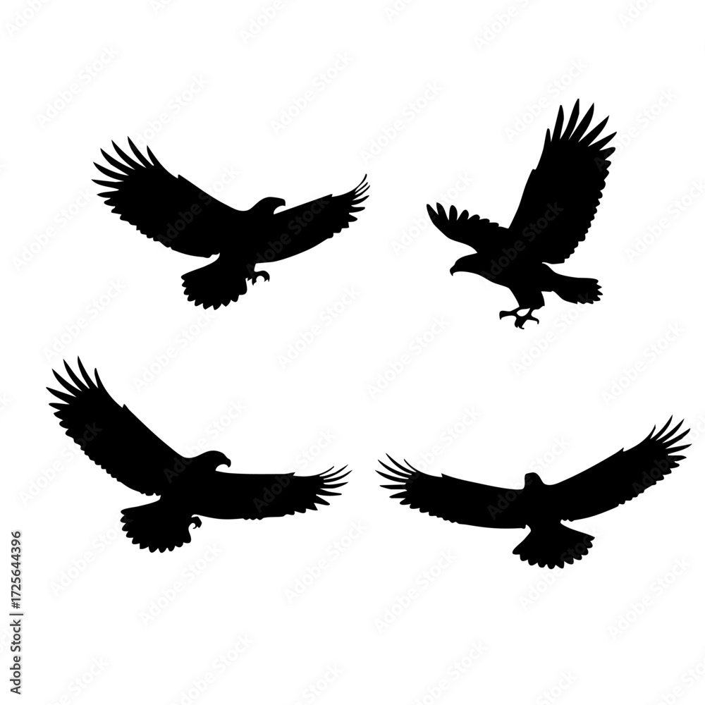 Fototapeta premium Dynamic collection of flying eagle silhouettes, capturing the grace and strength of these majestic birds of prey in various flight poses, ideal for design projects and wildlife themes